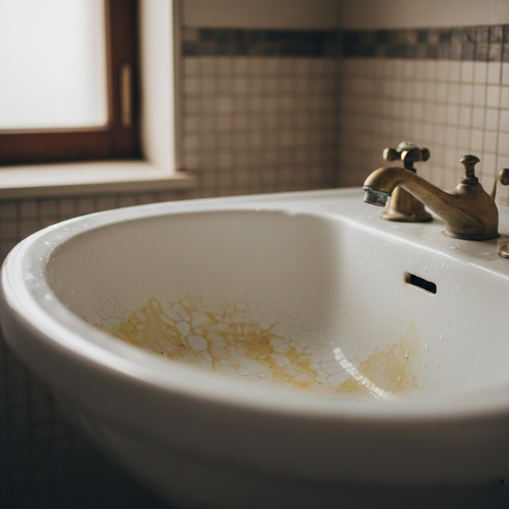 Lavabo sứ trắng k&eacute;m chất lượng bị ố v&agrave;ng