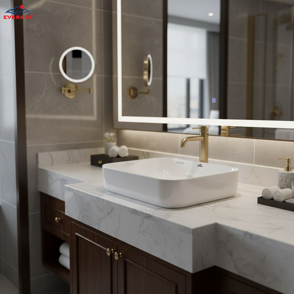 Chậu sứ trắng đặt b&agrave;n ph&ugrave; hợp với mọi phong c&aacute;ch